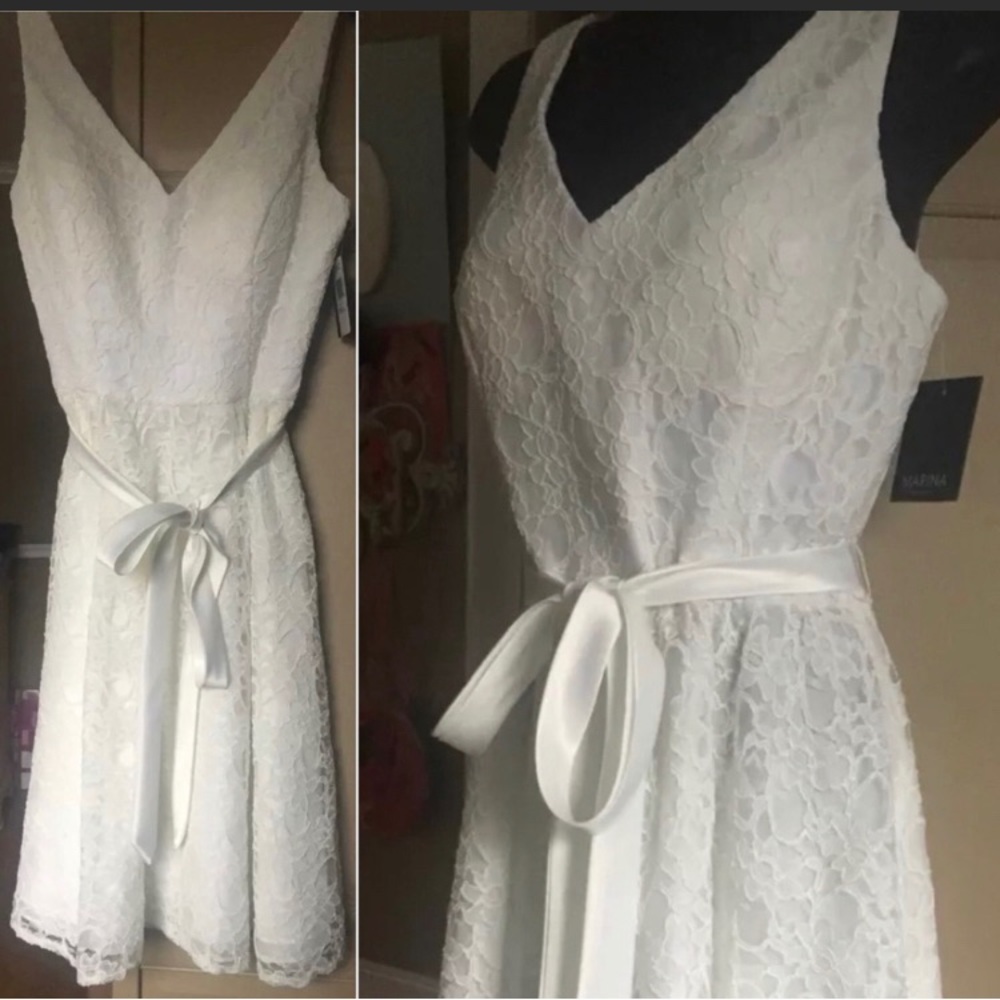 NEW Marina Blissful Dress Ivory Lace V-Neck w Satin Sash Size 8